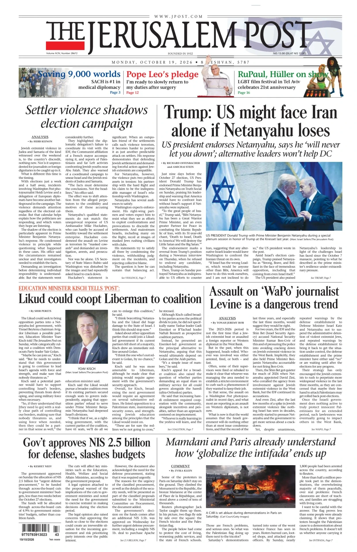 Prima-pagina-the jerusalem post-edizione-di-oggi-19-10-2026